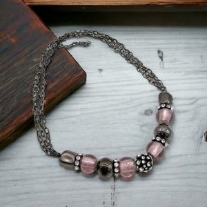 Art Glass Necklace Blush Rhinestone Multi Chain Chunky Statement Jewelry 18"